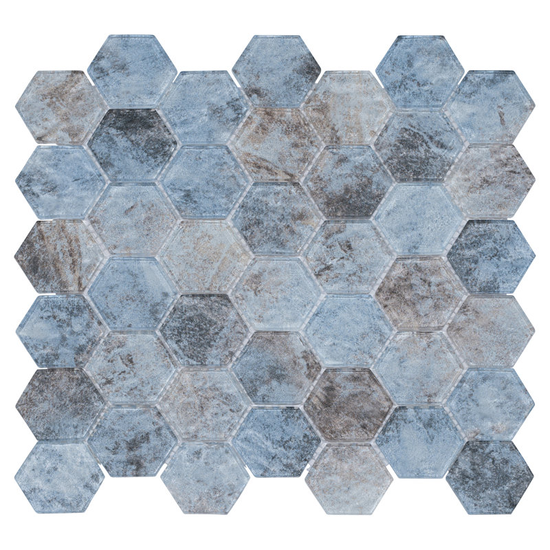 Simeon Xandu Blue 1-in Honeycomb Concrete Look Glass Wall Mosaic Tile, Blue/Brown