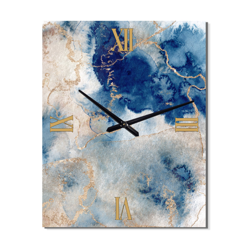 Horloge murale abstraite en métal bleu et or Marble Clouds III, Surdimensionné