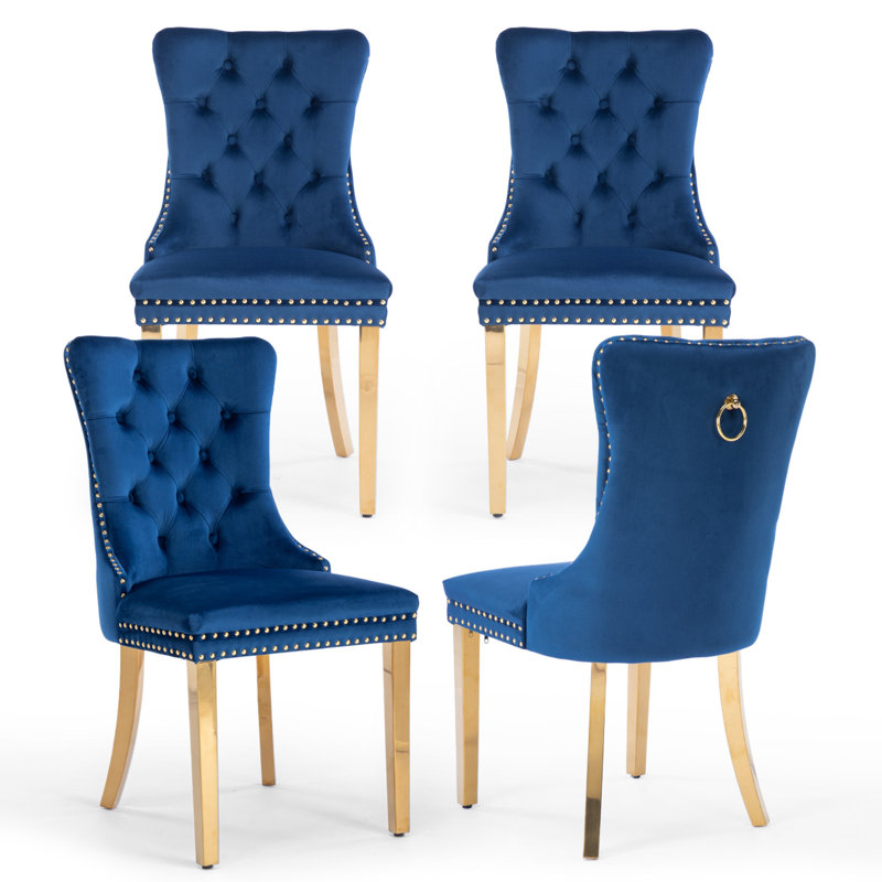 Ensemble de 4 chaises de salle à manger rembourrées en velours avec pattes dorées, bleu, Doré, Bleu foncé