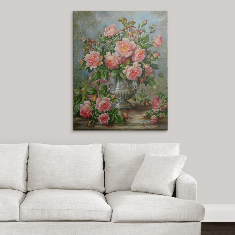 «Alexica English Elegance Roses in a Silver Vase», reproduction de peinture à l'huile, H 10 po x l 8 po x P 1,5 po, Toile