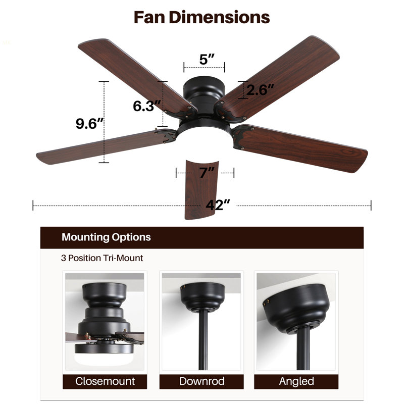 42 Inch Modern Ceiling Fan With LED Light 5 Blades Remote Control Reversible DC Motor Black For Bedroom, Black, Walnut