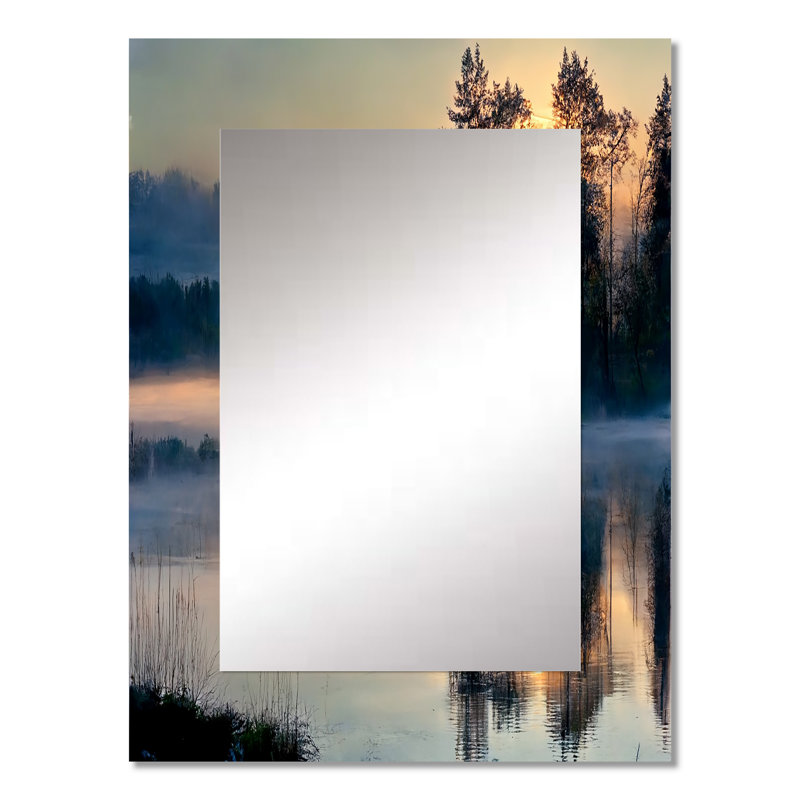 Morning Fog Over The Lake Sunset II - miroir décoratif lac, miroir mural traditionnel, impression d'art en métal