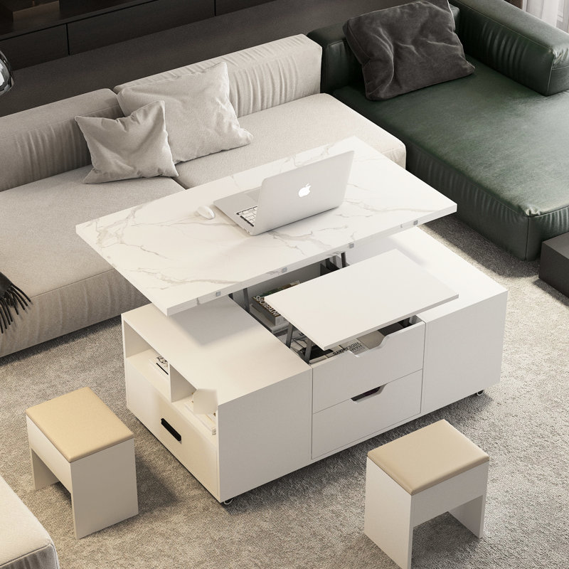 Table basse extensible avec rangement et 2 tabourets pour le salon, construction moderne, 45,91 po de profondeur, 23,62 de largeur, 18,75 de hauteur, tabourets relevables et coussins, tiroirs blancs,