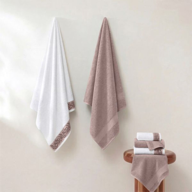 Ensemble de serviettes 6 fils 600 fils avec bordure jacquard Filgree Modern, Vieux rose