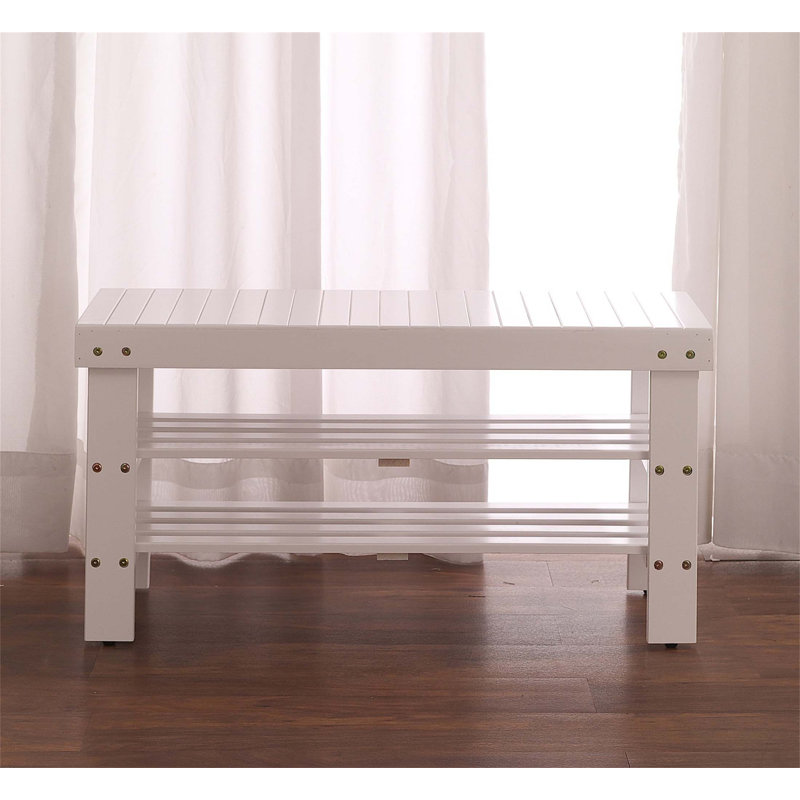 Pina Quality Solid Wood Shoe Bench With Shelf, Durable And Easy To Assemble In White Finish, White