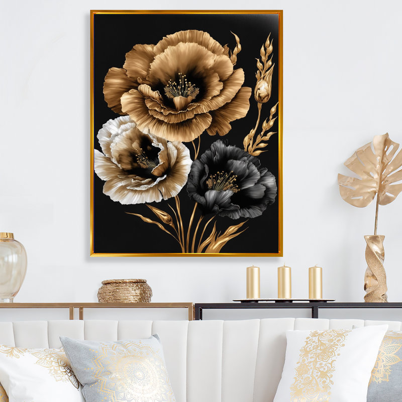 " Black And Gold Gladiolus II ", 20" H x 12" W x 1" D, Gold Floater Framed