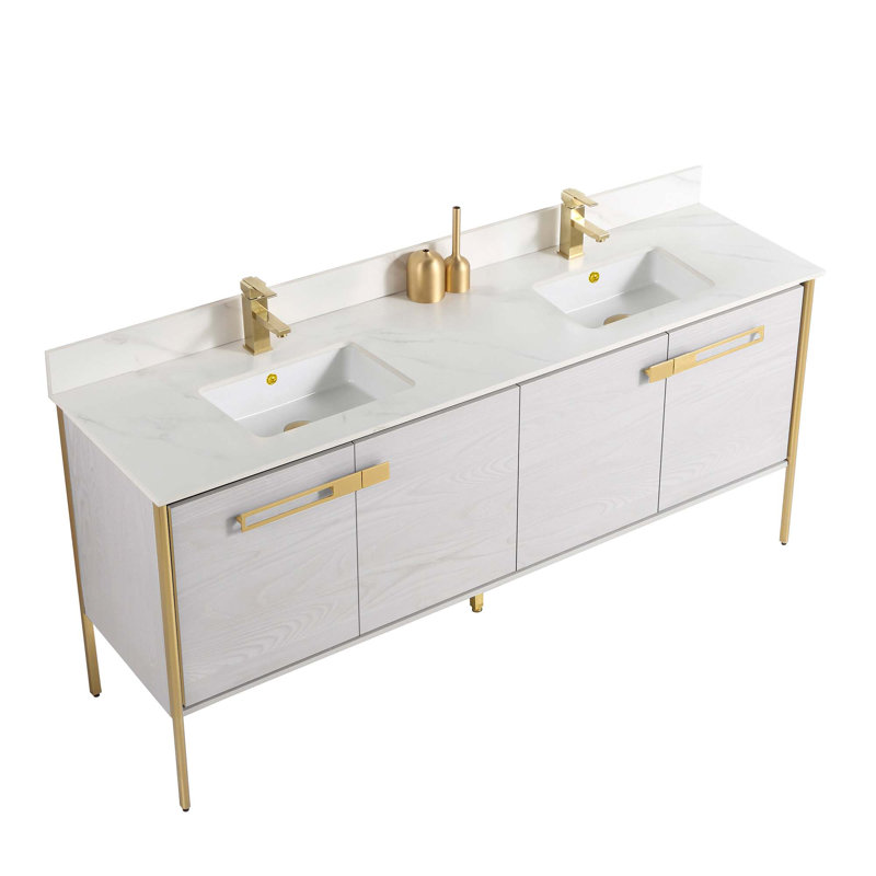 Meuble-lavabo double 72 po, Laiton satiné, Chêne gris doux