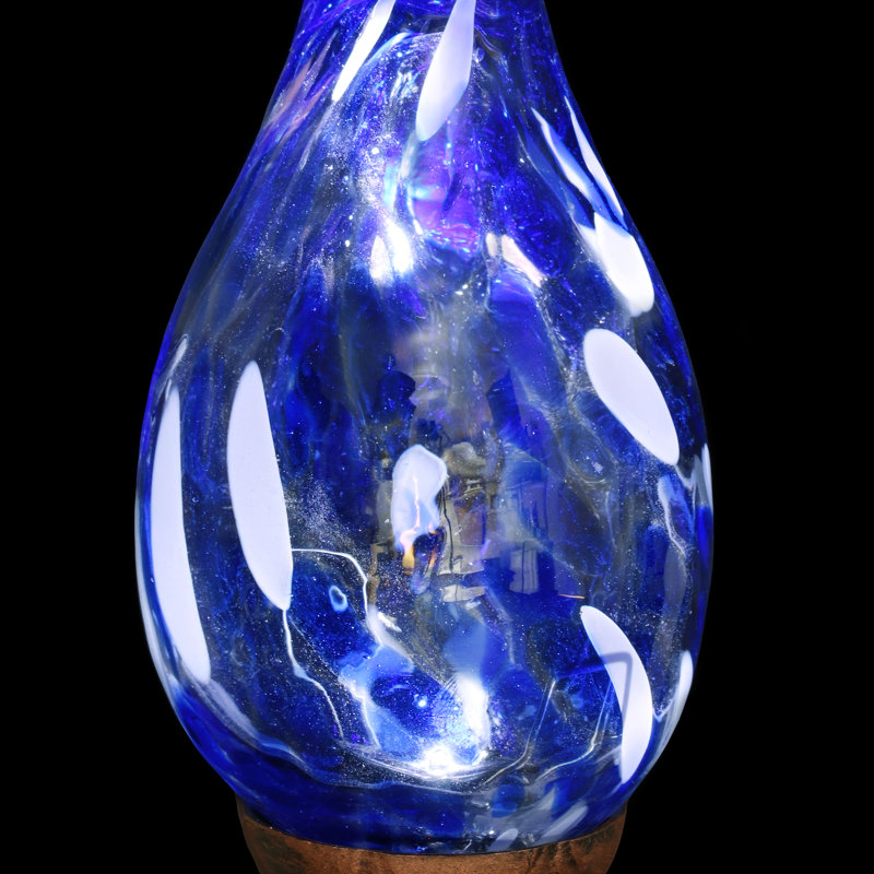 Blue Hand Blown Glass Flame Garden Stake with Metal Finial