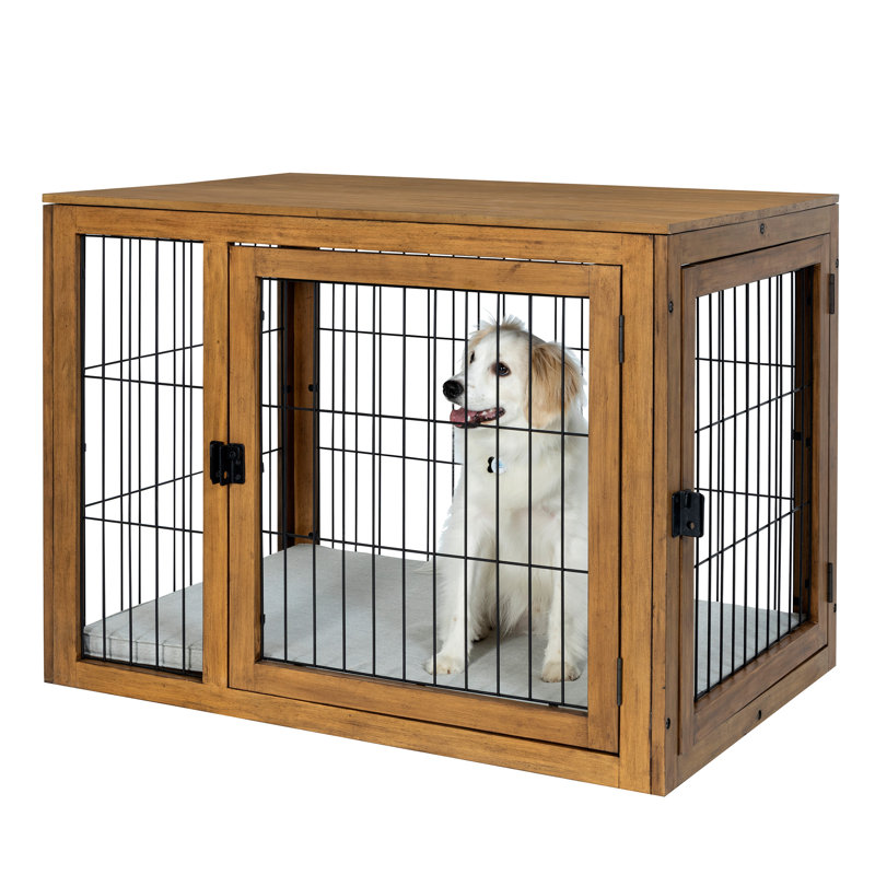 PETMAKER Furniture-Style Dog Crate - Acacia Wood Kennel with Double Doors and Cushion - Dog Cage Furniture, Natural