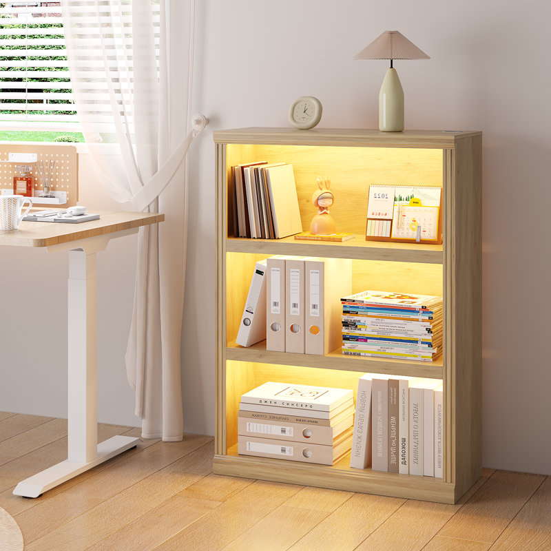 Bibliothèque cubique à 3 niveaux avec lumières à capteur, table de bout avec port de charge, 3-Tier, Bois