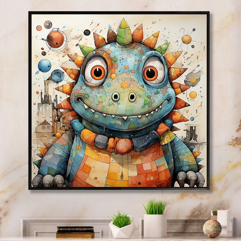 Cubist Dinosaur Nursery I - art de mur de dinosaure, Gold Picture Framed, 30" H x 30" W