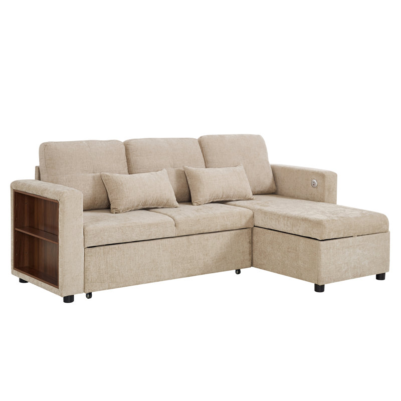 Convertible Sofa Bed With Reversible Storage Chaise And Usb, Beige