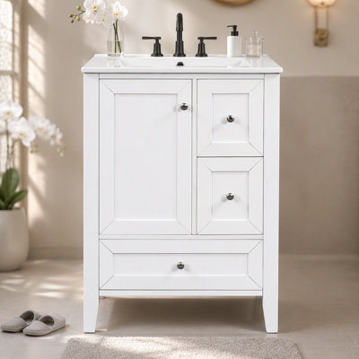 Meuble-lavabo 24 po avec lavabo et tiroirs, meuble-lavabo autoportant blanc avec plateau en céramique et tablettes de rangement, panneau de fibres à densité moyenne et structure en bois massif, meuble-lavabo moderne pour petites salles de bain