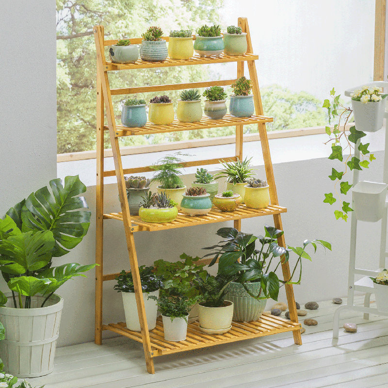 Support pour plante pliante à 4 niveaux, support de rangement en forme de trapèze en bambou pour jardin de balcon, Naturel