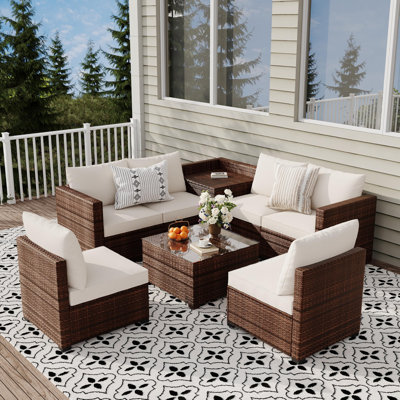 8 Piece Patio Furniture Set, Rattan Outdoor Sectional Sofa Couch with Border Coffee Table and Comfy Cushions, Modern Conversation Set, Beige (Waterproof Cover Included)