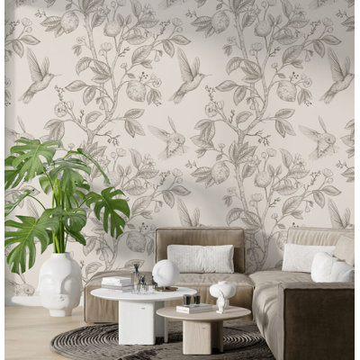 Papier peint mural neutre Citronnier et Colibri | Papier peint beige à motif botanique | Intissé ou autocollant