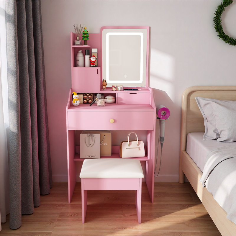 3-Color LED Vanity Mirror With Stool, Dressing Table For Bedroom, 2 Drawers & 5 Storage Cabinets (4 Open + 1 Hidden), Adjustable Lighting