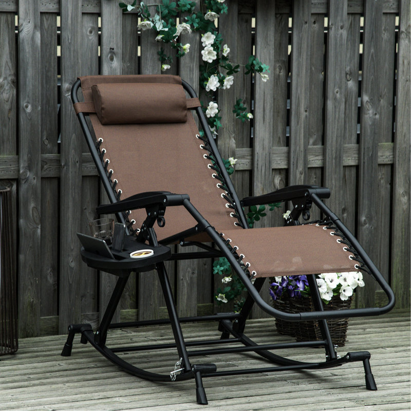 Chaise berçante d'extérieur brune, inclinable zéro gravité pliable avec coussin, porte-gobelet et téléphone, structure en acier robuste, fauteuil inclinable à installation instantanée