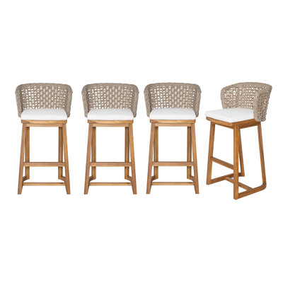 Tabourets de bar d'extérieur en bois d'acacia (4 PCS), chaises de bar à hauteur de teck avec coussin beige et dossier en osier brun clair, tabourets à hauteur de comptoir pour patio, bord de piscine, îlot de cuisine