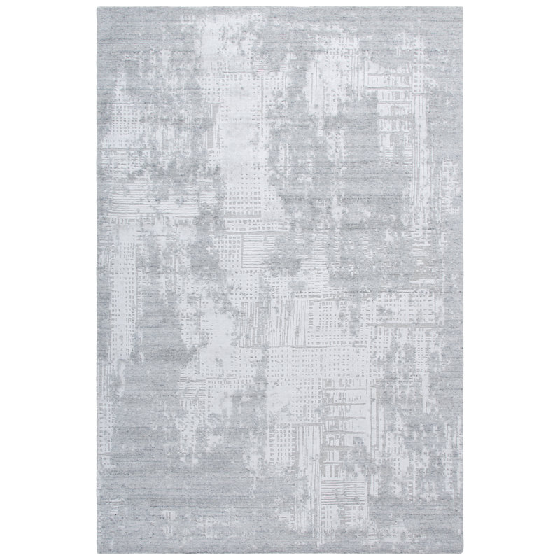 Tapis gris / argent en laine, viscose et coton tissé à la main Ulis, Rectangle 6 pi x 9 pi