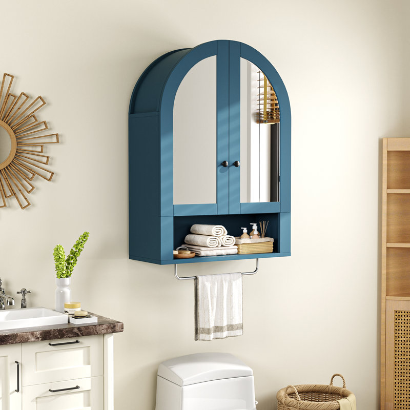 Modern Arched Wall Cabinet With Adjustable Shelves And LED Lighting, Designed For Bathroom Medicine Storage With Mirror, Blue