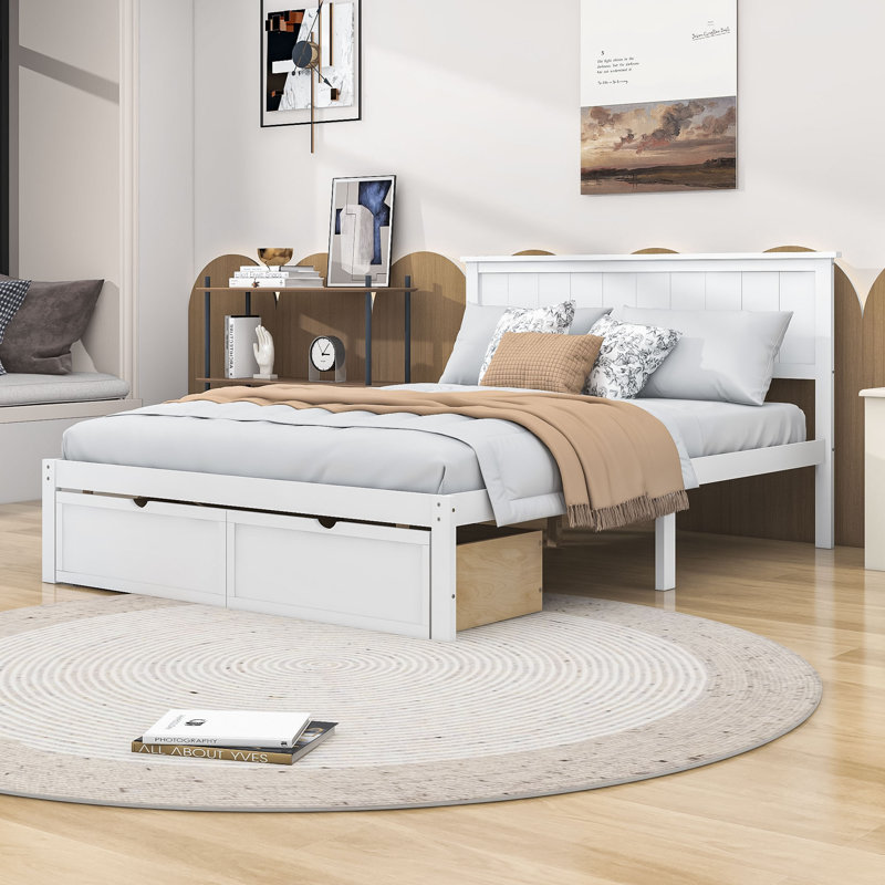 Lit plateforme double à 2 tiroirs avec rangement sous le lit, Blanc