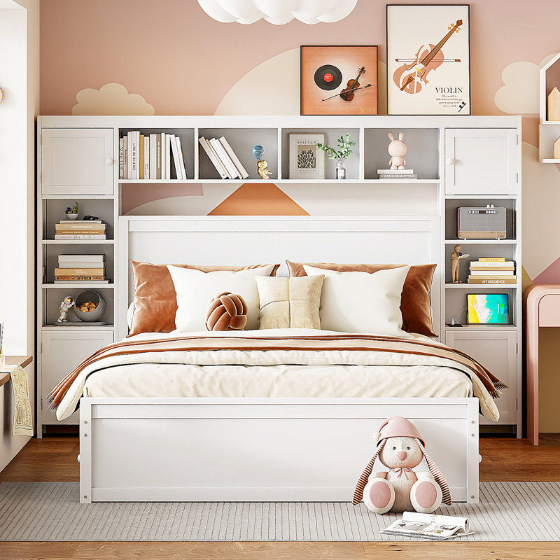 Grand lit en bois blanc avec rangement et chargement tout-en-un, bois, 4 tiroirs sous le lit, 10 tablettes à la tête de lit