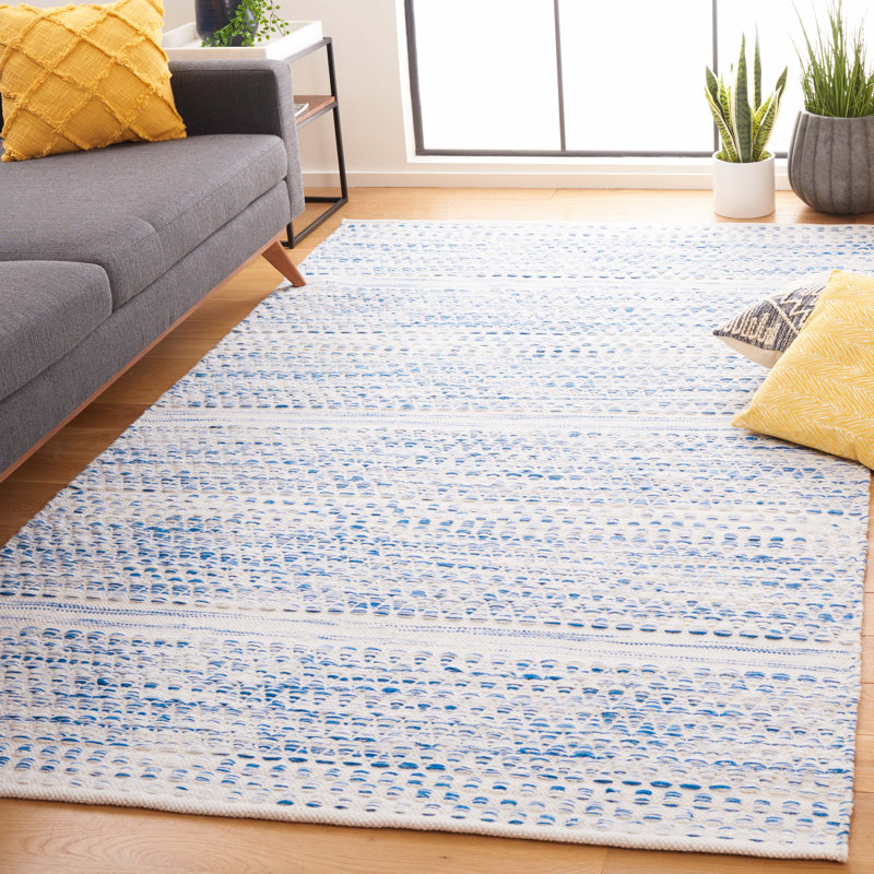 Kilim Hand Woven Wool/Cotton Geometric Rug in Ivory/Blue, Rectangle 5' x 8'