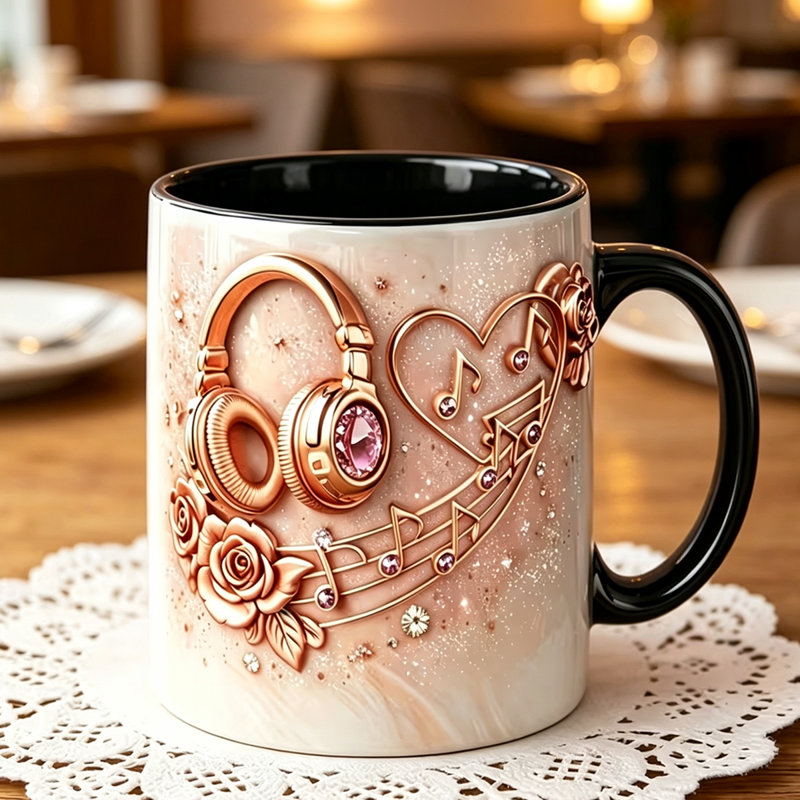 1pc 2D Print Rose Headphone Heart Music Note Printed Ceramic Mug Handle Romantic Music Lover Gift.