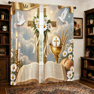 2Pcs Religious Cross Curtains, Light Filtering Fabric, Dove and Holy Communion Theme Print, Sunshade Privacy Protection, Rod Pocket Design, for Living Room, Bedroom, Balcony, Kitchen Home Decoration