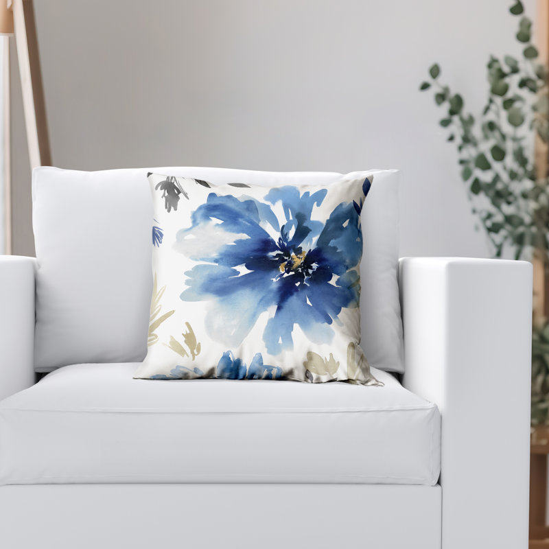 Coussin floral avec polyester de qualité supérieure, Blanc / Indigo, Carré H 16 po x l 16 po
