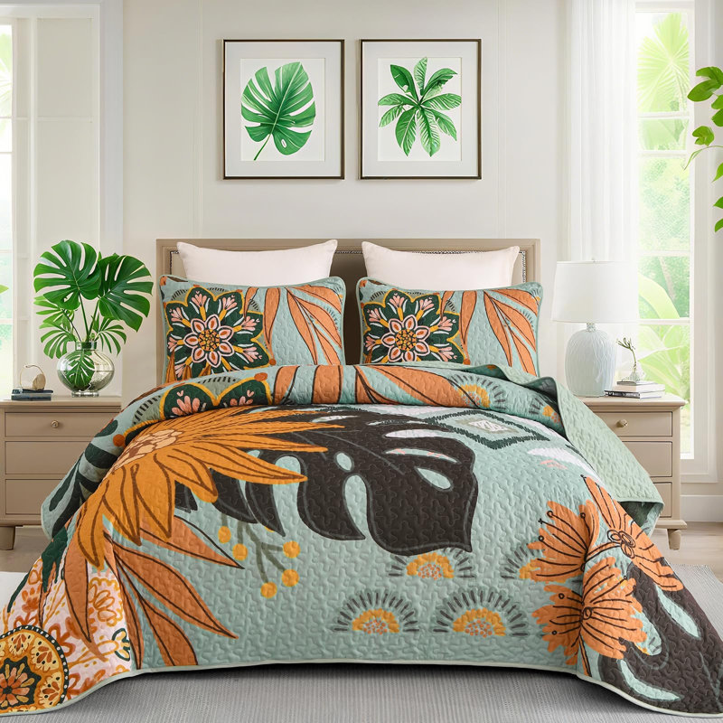 3 Pieces Boho Floral Botanical Quilt Set Lightweight Microfiber Farmhouse Bedspread Coverlet All Season, Sage Green