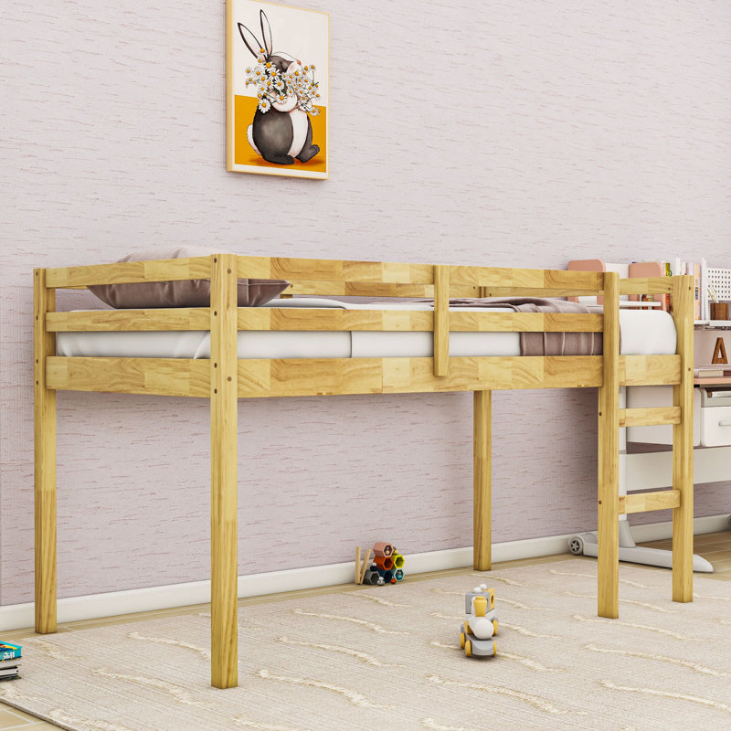 Twin Wood Low Loft Bed With Ladder And Guardrails, Natural