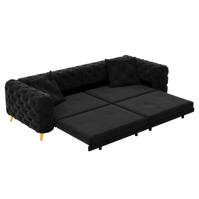 Canapé-lit convertible 4 places de 248 cm x 79 cm (97,7 po x 31 po), profondeur d'assise de 72 cm (28,4 po), avec dossier amovible, capitonnage moderne à boutons, revêtement en velours noir confortable, coussins doux et moelleux pour un confort optimal.