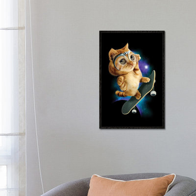 Skateboard Cat 1 Piece Single Picture Frame and Floater Frame Wall Art on Canvas