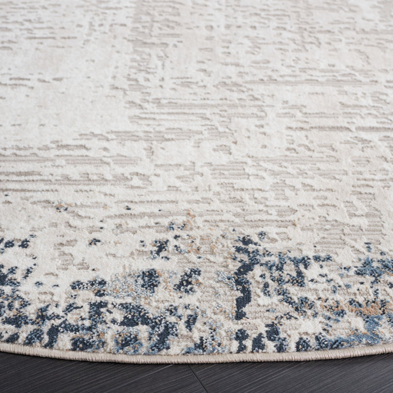 Tapis taupe / bleu en polyester tissé à la machine Kalossi, Rond 6 pi 7 po