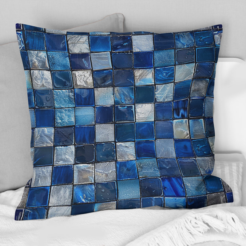 Blue Midcentury Mosaic Tiles I - Coussin Mid-Century, H 16 po x l 16 po