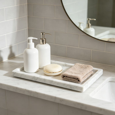 Plateau en marbre blanc pour comptoir de salle de bain, plateau de meuble-lavabo décoratif en pierre rectangulaire pour le maquillage, les parfums, les soins de la peau, les bijoux et les accessoires de salle de bain