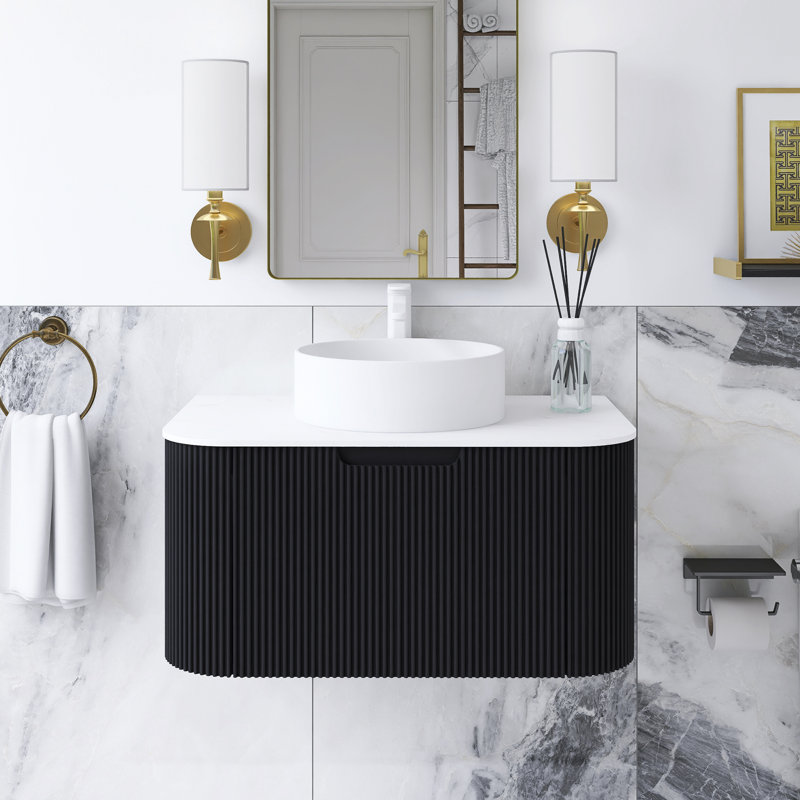 30 po W Meuble-lavabo mural simple noir avec lavabo blanc