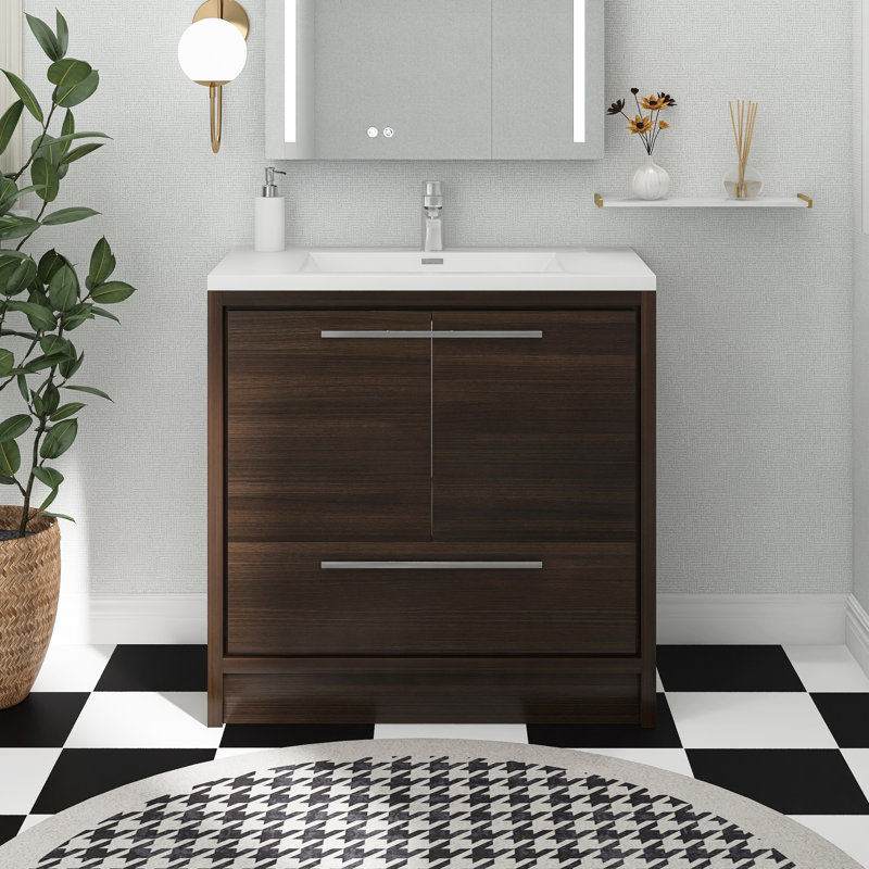 35,2 po X P 19,5 po P x 34,3 po Meuble-lavabo autoportant H avec plateau en résine blanche, Brun