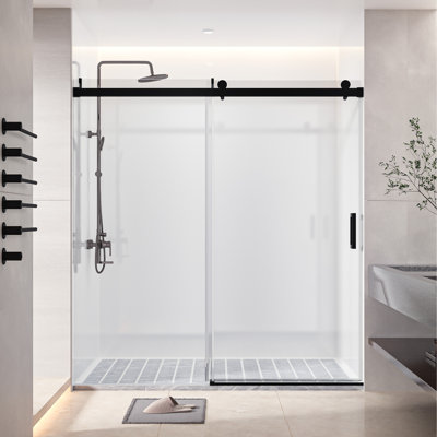Portes de douche coulissantes simples sans cadre à fermeture en douceur de 68 à 72 po x H 76 po avec porte tampon en verre trempé de 3/8 po d'épaisseur