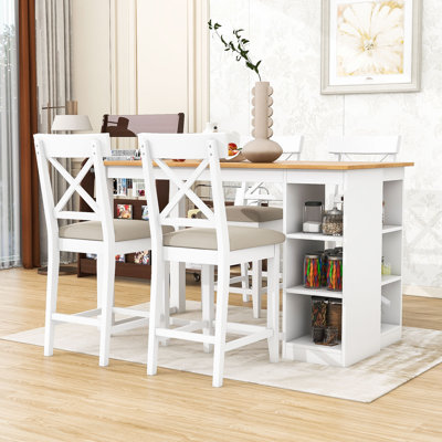 Devra 5-Piece Dining Set, Counter Height Wooden Table with 3-Tier Storage and Upholstered Chairs