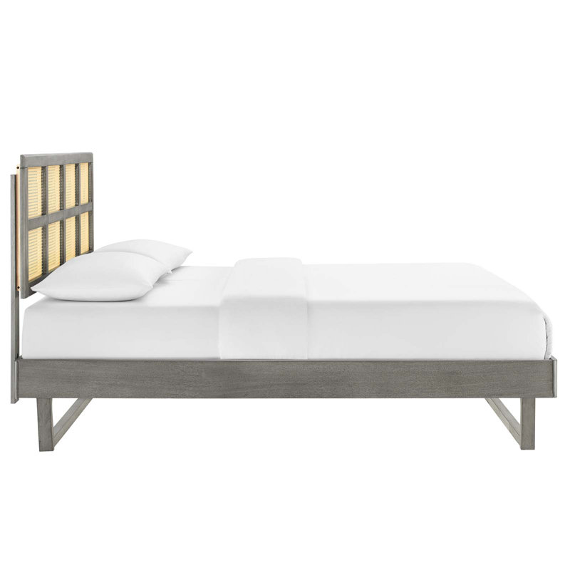 Gray Queen Wood Platform Bed with Cane Headboard