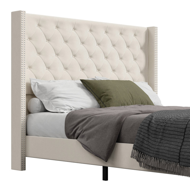 Meriton Wingback Upholstered Metal Frame Bed , Full, Cream