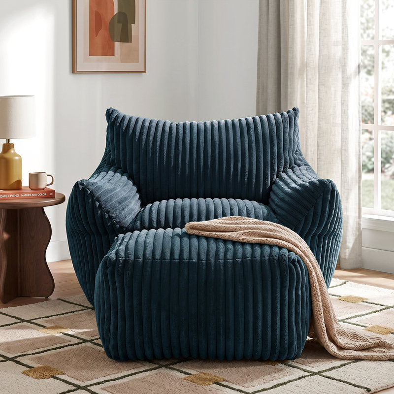 Compression Bean Bag Chair with Ottoman , Comfy Memory Foam Large Lazy Sofa, Navy Blue Corduroy