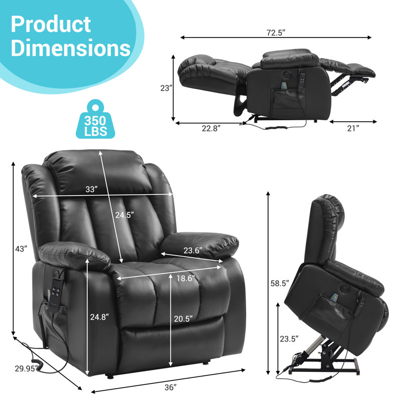 Dual Motor Large Power Lift Recliner with Massage and Heat,USB, Black Leather Match