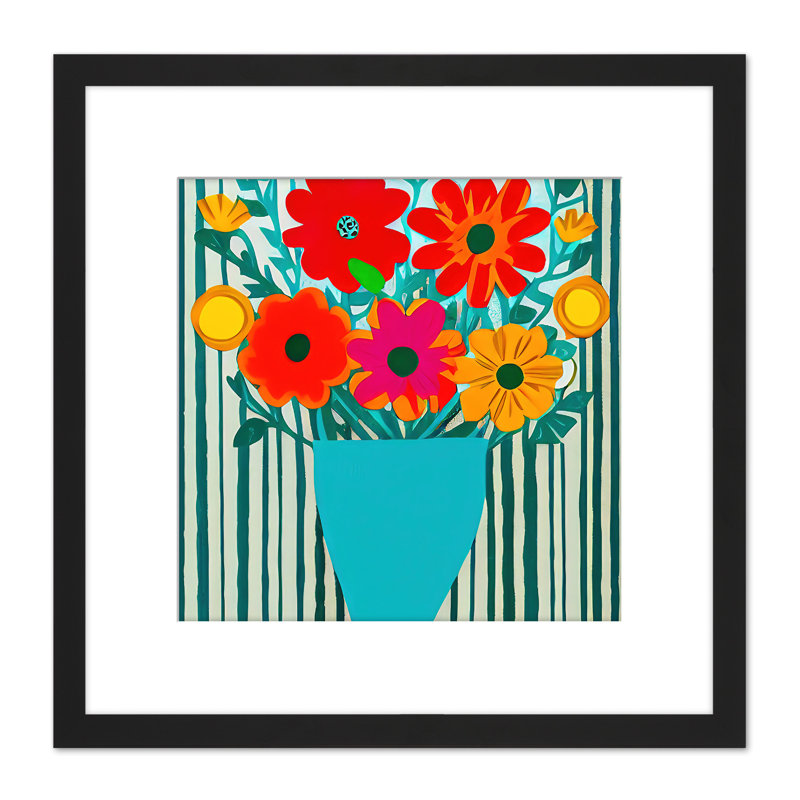 Bouquet of Flowers Teal Vase With Stripes 1 Piece Single Picture Frame Painting