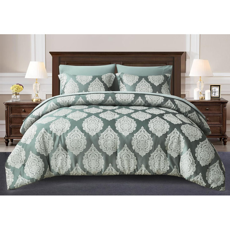 Juliette 7-Piece Bed in a Bag Medallion Jacquard Comforter Set with Sheets, King Comforter + 2 King Shams, Gray/Green Smoke