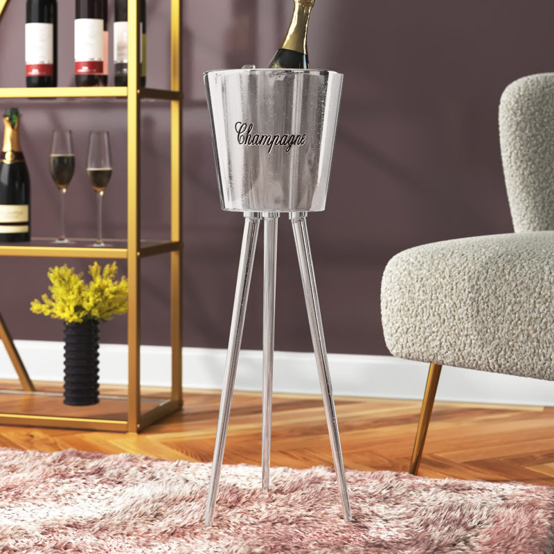 Ipleigh Aluminum Metal Tall Floor Champagne 3 Bottle Ice Bucket Stand, Silver