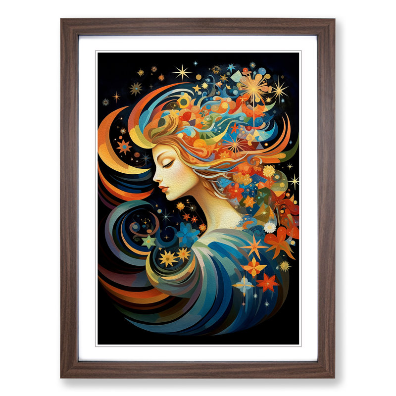 XYZ-FRM-V1223-6385 Virgo Zodiac Orphism No.2 - Single Picture Frame Print on Wood, 34cm H x 25cm W x 2cm D, Walnut 